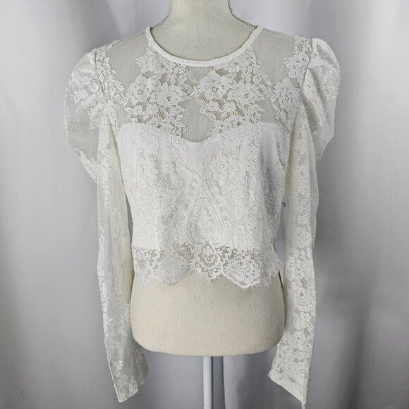 Lulus Women's Ivory Lace Long Puff Sleeve Cropped Blouse Size XL NWT - Picture 2 of 15